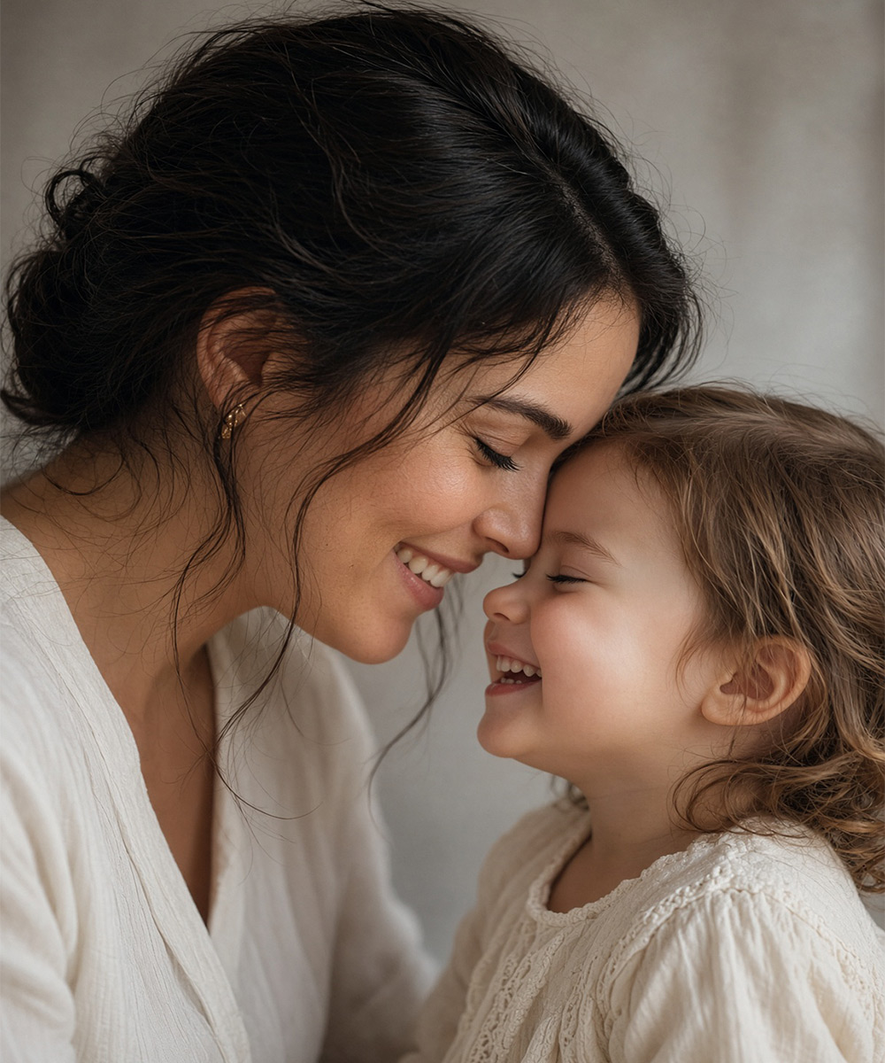 Parent and toddler forehead-to-forehead, both smiling