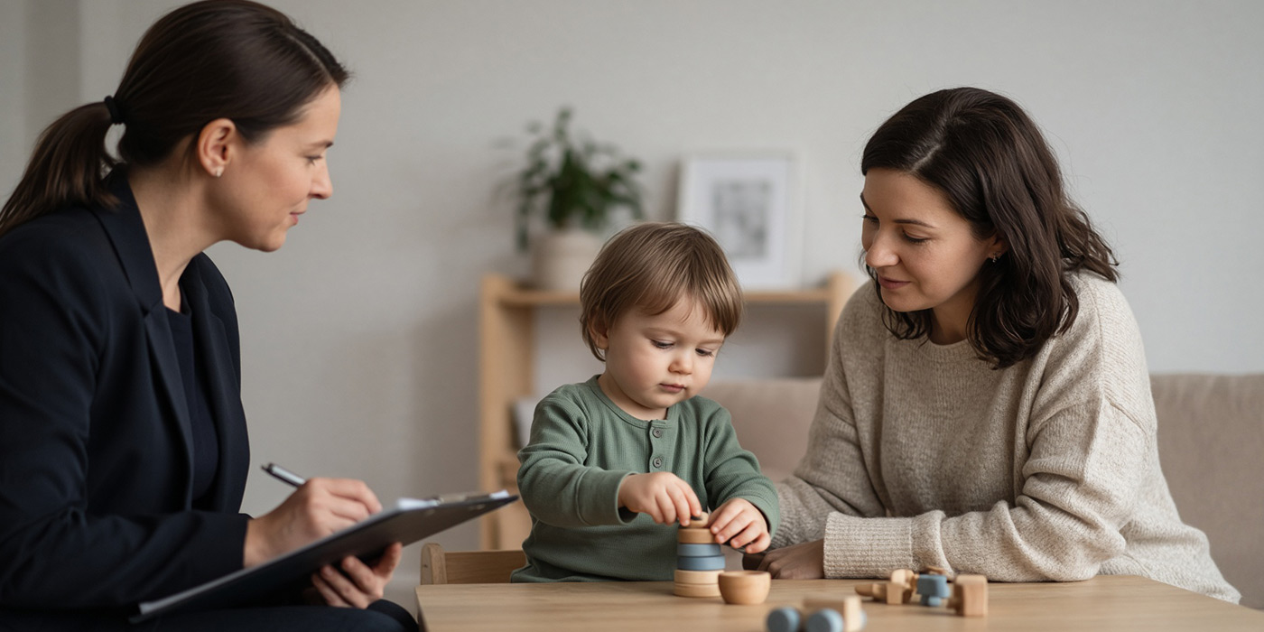 Evaluator observing a toddler during play while a parent sits close