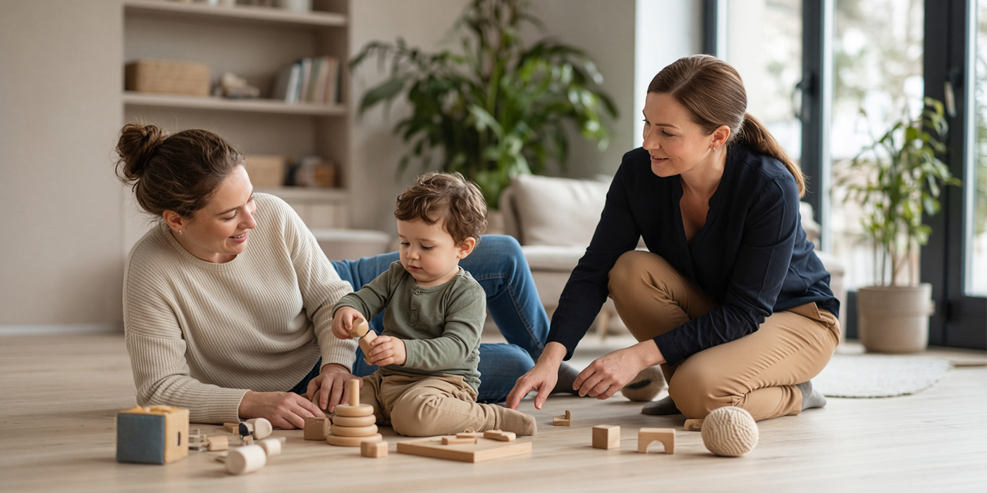 Caregiver and toddler on the floor with simple toys, instructor kneeling beside them
