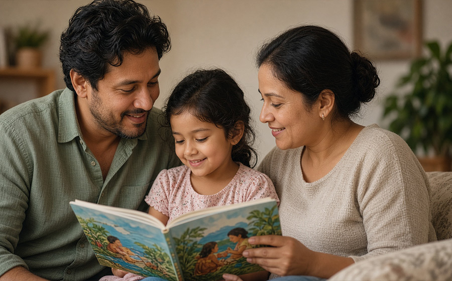 Multilingual family reading a picture book together