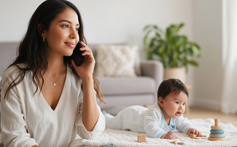 Parent on a phone call while a baby plays on a blanket