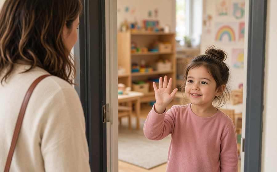 Preschool-age child waving at a classroom doorway with a parent