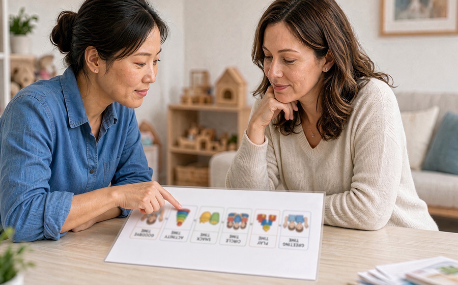 Instructor and parent reviewing a simple picture schedule