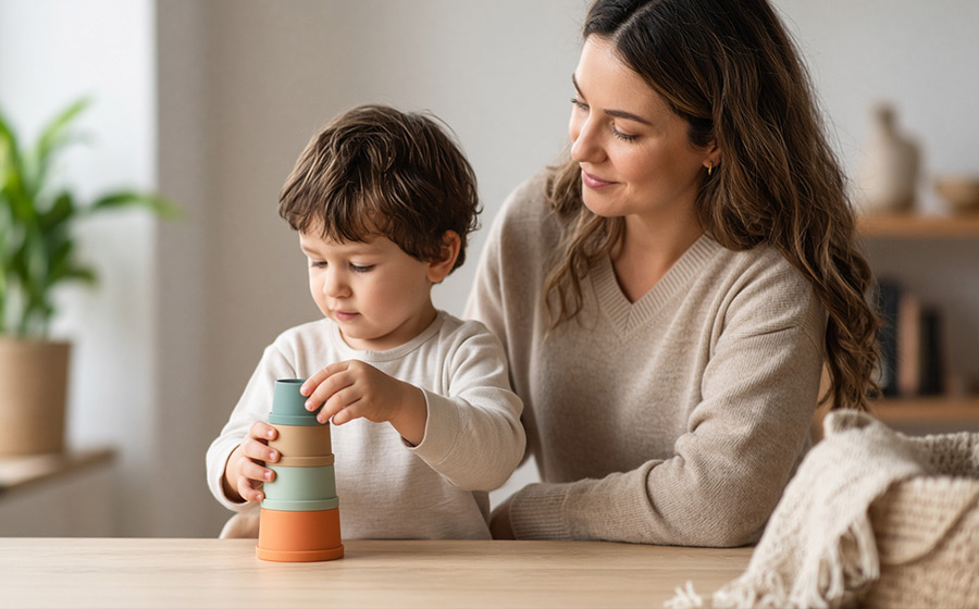 Young child stacking cups with a parent nearby