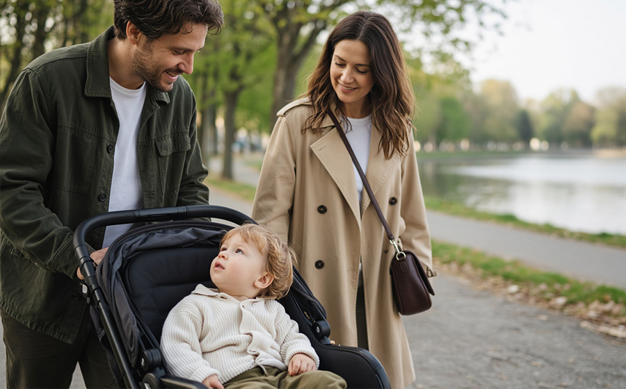 Family outdoors on a weekend walk, toddler in a stroller