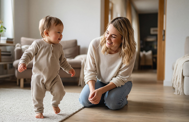 Toddler taking early steps toward a caregiver indoors