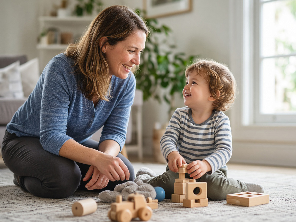 Toddler and special instructor playing on a living-room rug, both smiling