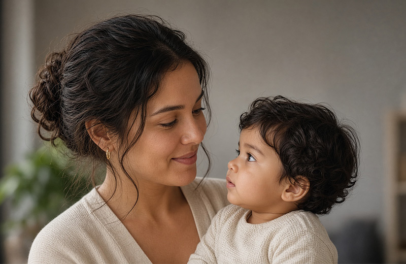 Parent holding a toddler, looking at the child with a calm smile