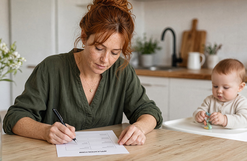 Caregiver filling out a form at a kitchen table with a baby nearby