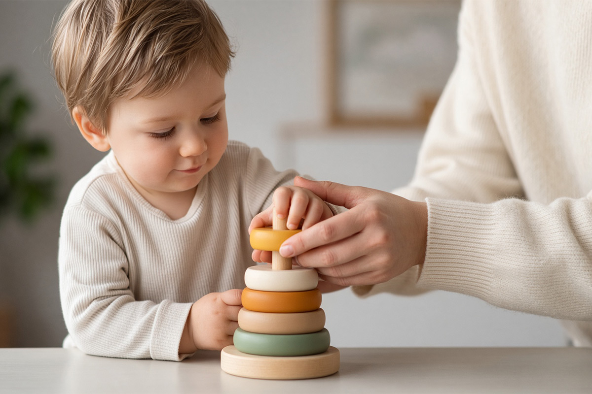 Toddler using spoons or stacking rings with an adult supporting the wrist