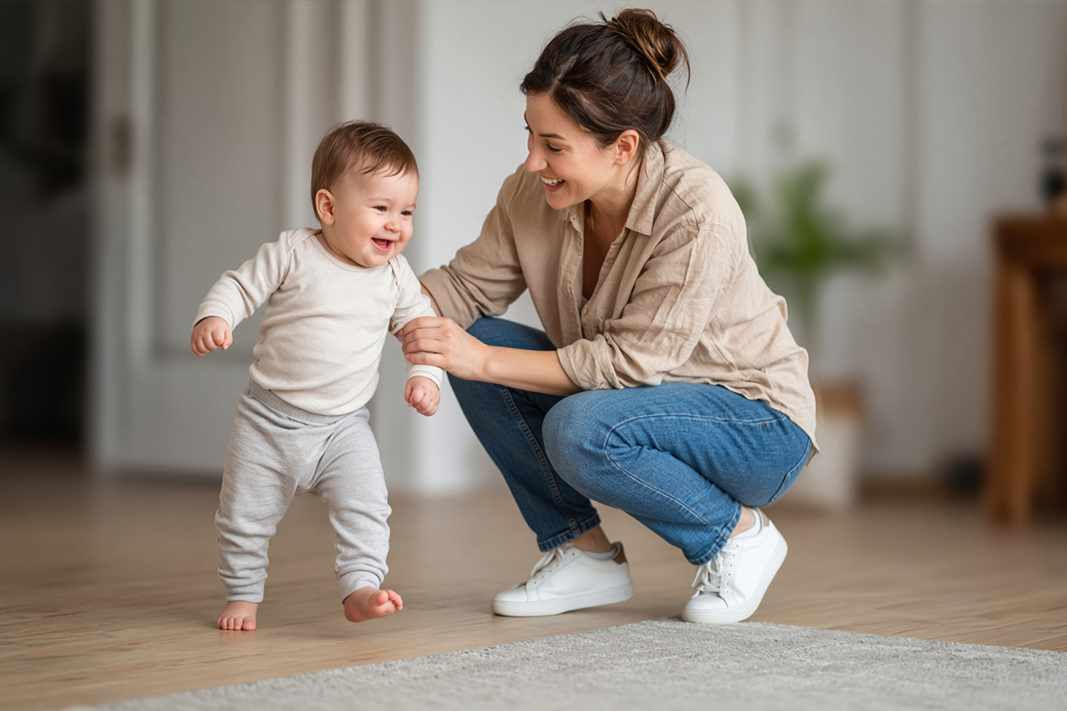 Infant in supported sitting or early walking with a smiling adult