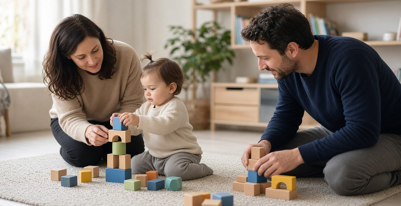 Instructor and toddler building with blocks while a parent copies the strategy