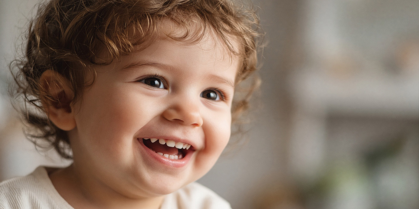 Close portrait of a joyful toddler looking toward a caregiver